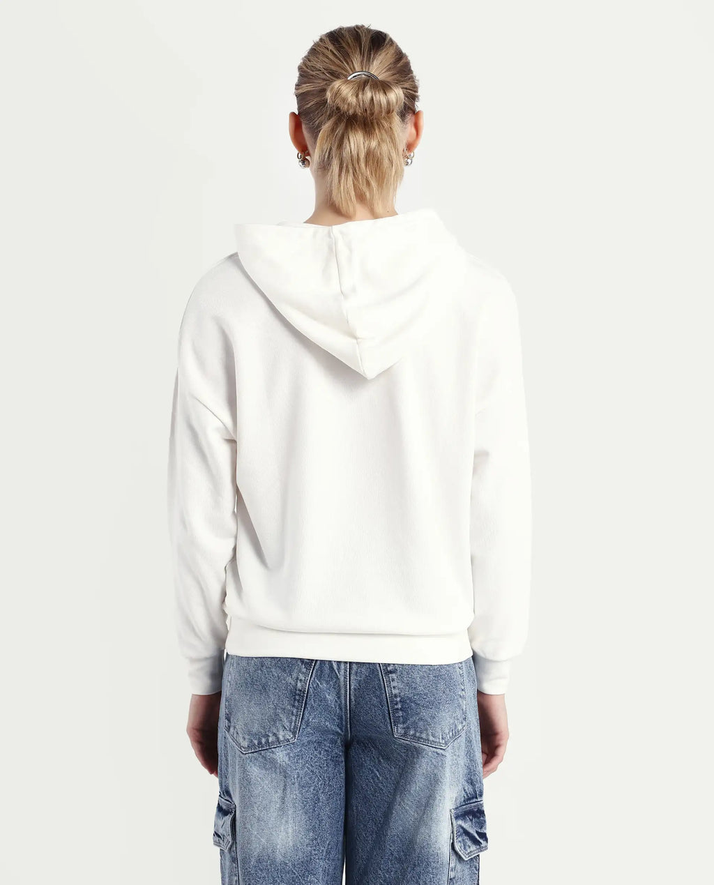 Rareism Women's Emtap Off White Cotton Blend Hooded Graphic Print Relaxed Fit Sweatshirt