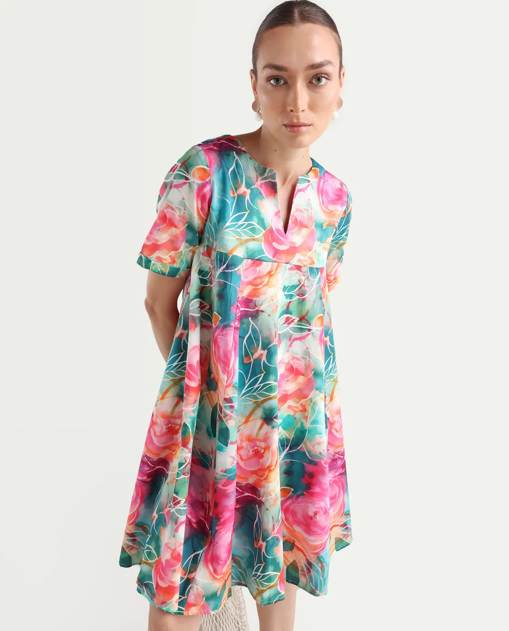 Rareism Women's Enderson Multi Cotton Crew Neck Floral Print Knee Length Fit And Flare Top