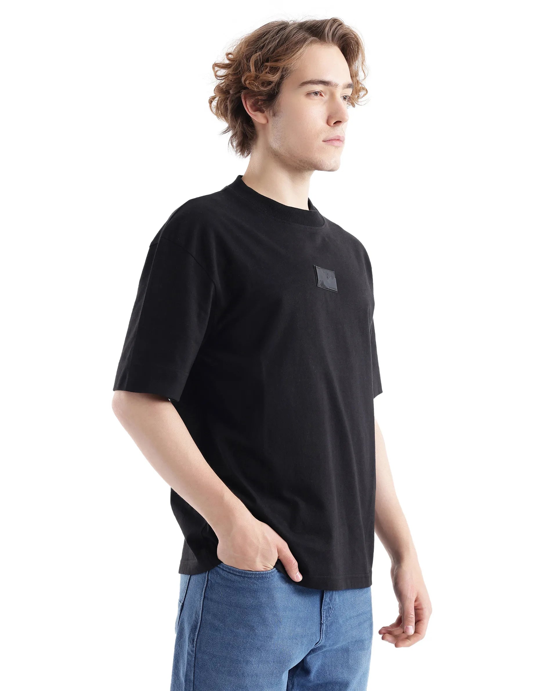 Rare Rabbit Men's Endrol Black Cotton Typography Print Boxy Fit Half Sleeve Crew Neck T-Shirt