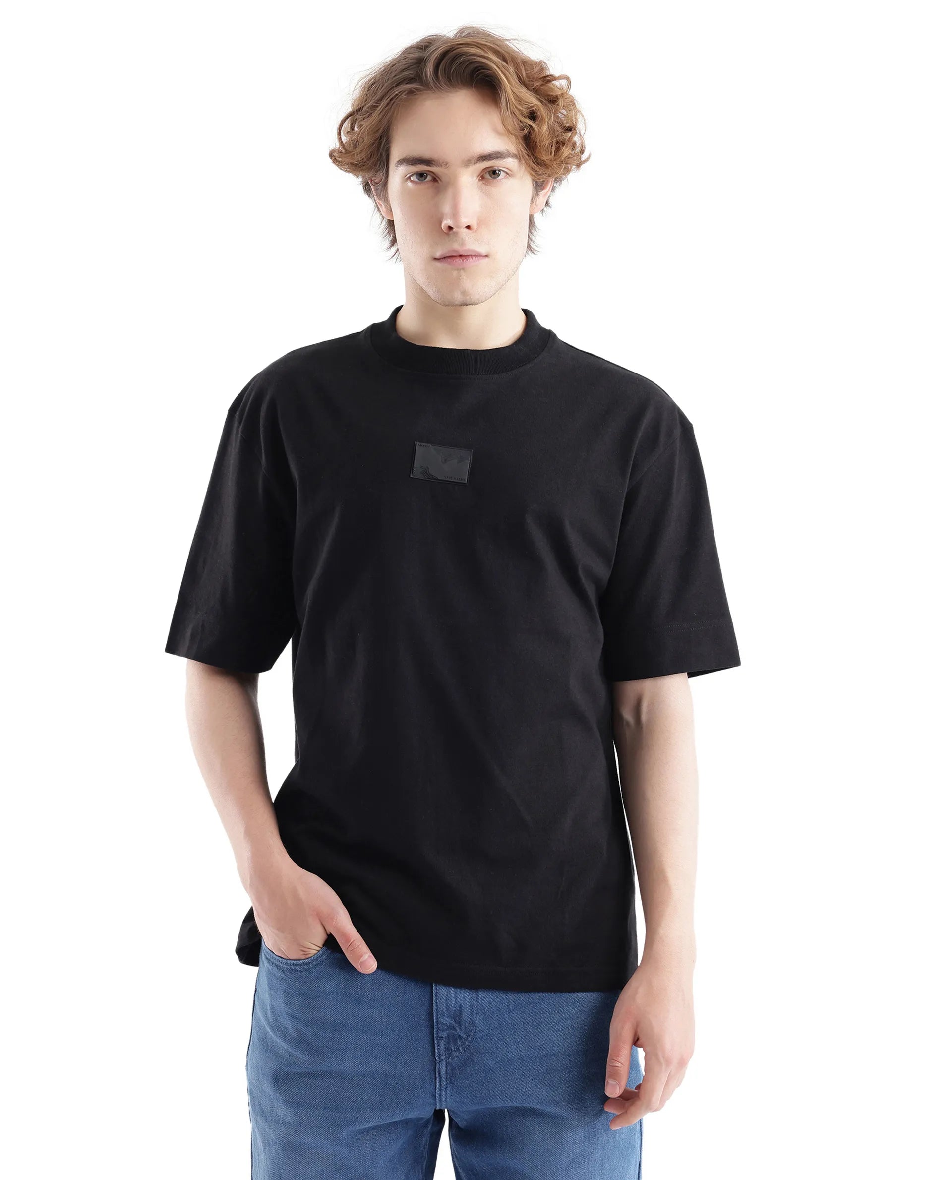 Rare Rabbit Men's Endrol Black Cotton Typography Print Boxy Fit Half Sleeve Crew Neck T-Shirt