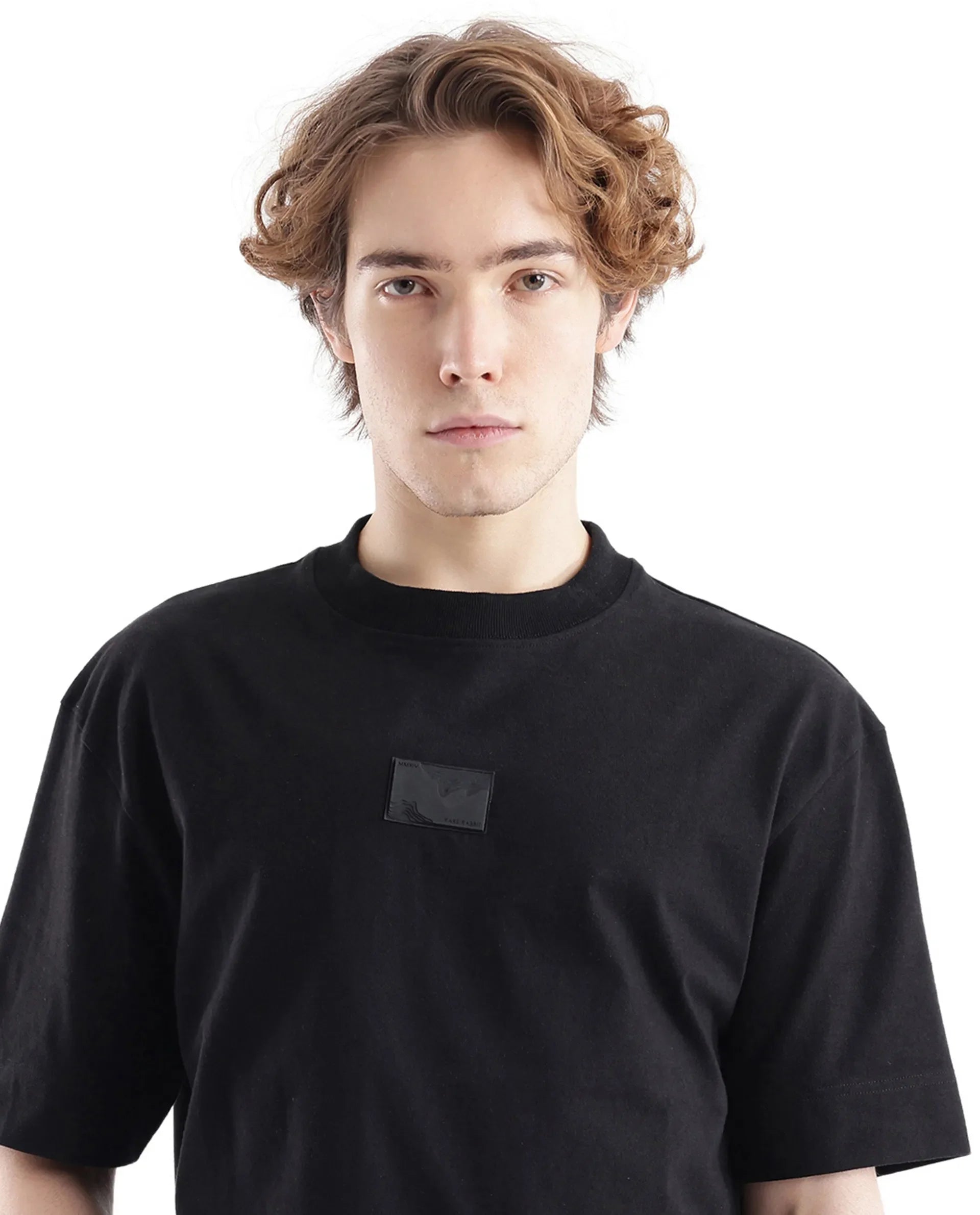 Rare Rabbit Men's Endrol Black Cotton Typography Print Boxy Fit Half Sleeve Crew Neck T-Shirt