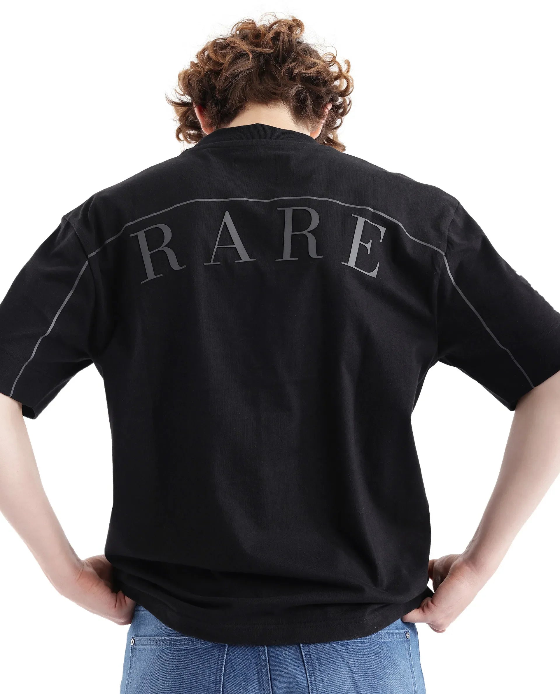 Rare Rabbit Men's Endrol Black Cotton Typography Print Boxy Fit Half Sleeve Crew Neck T-Shirt