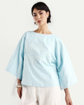 Rareism Women's Eniv Light Blue Cotton Blend Crew Neck Plain Extended Sleeves Regular Fit Top