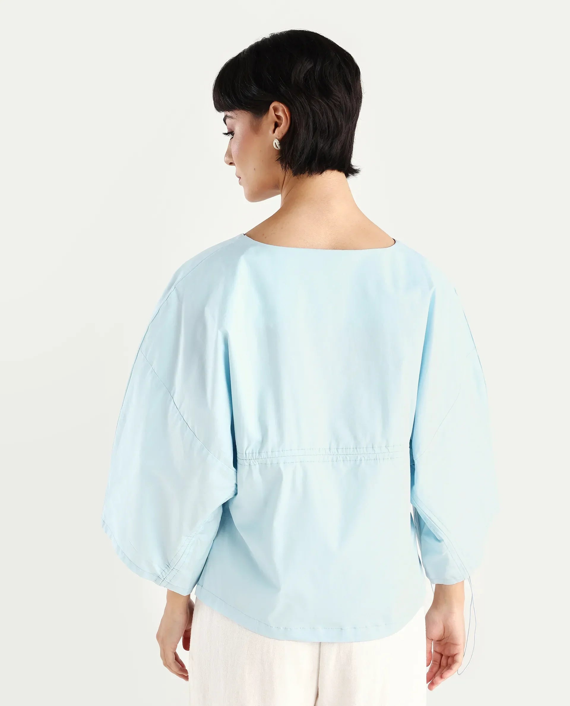 Rareism Women's Eniv Light Blue Cotton Blend Crew Neck Plain Extended Sleeves Regular Fit Top