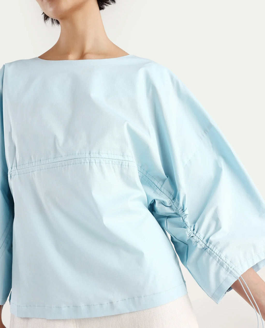 Rareism Women's Eniv Light Blue Cotton Blend Crew Neck Plain Extended Sleeves Regular Fit Top