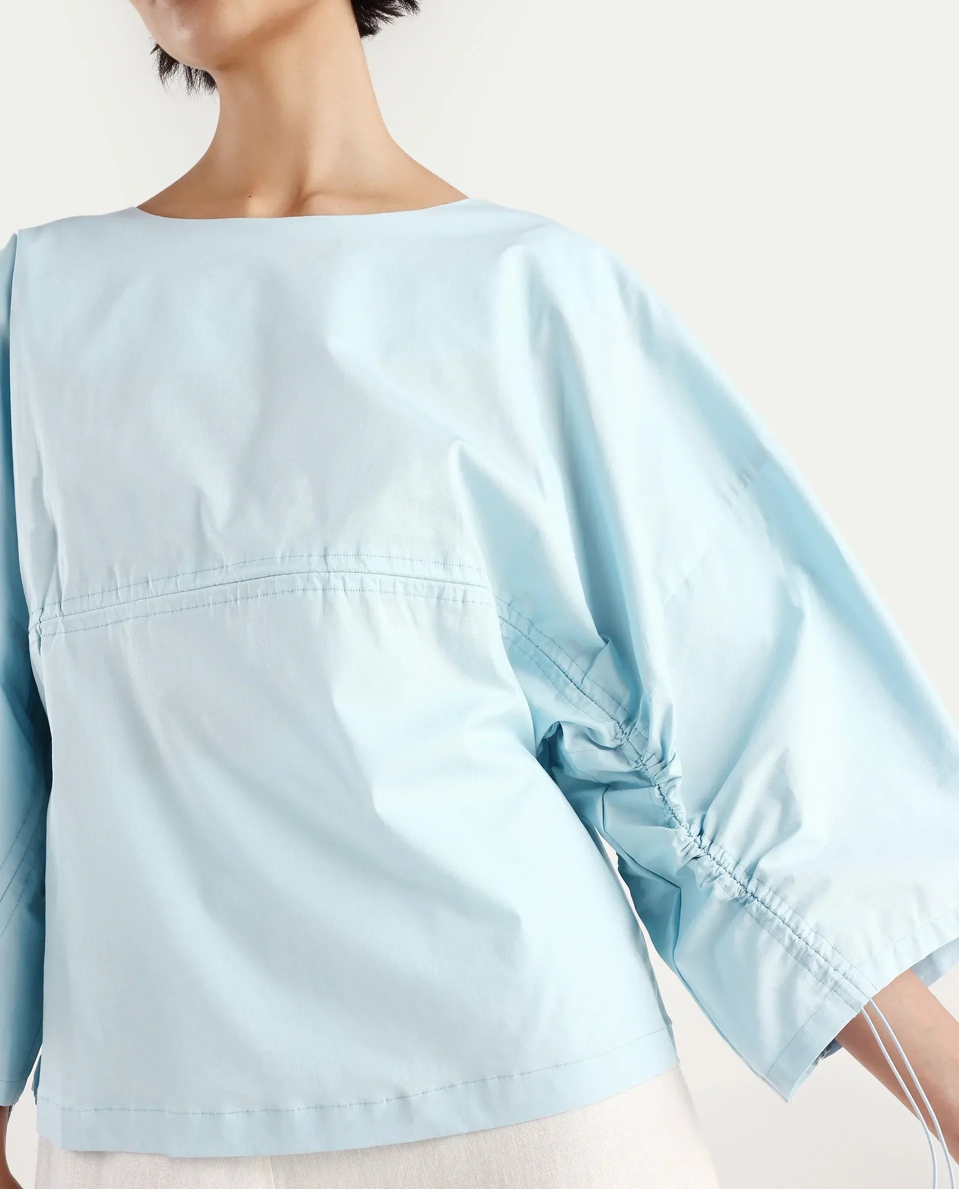 Rareism Women's Eniv Light Blue Cotton Blend Crew Neck Plain Extended Sleeves Regular Fit Top