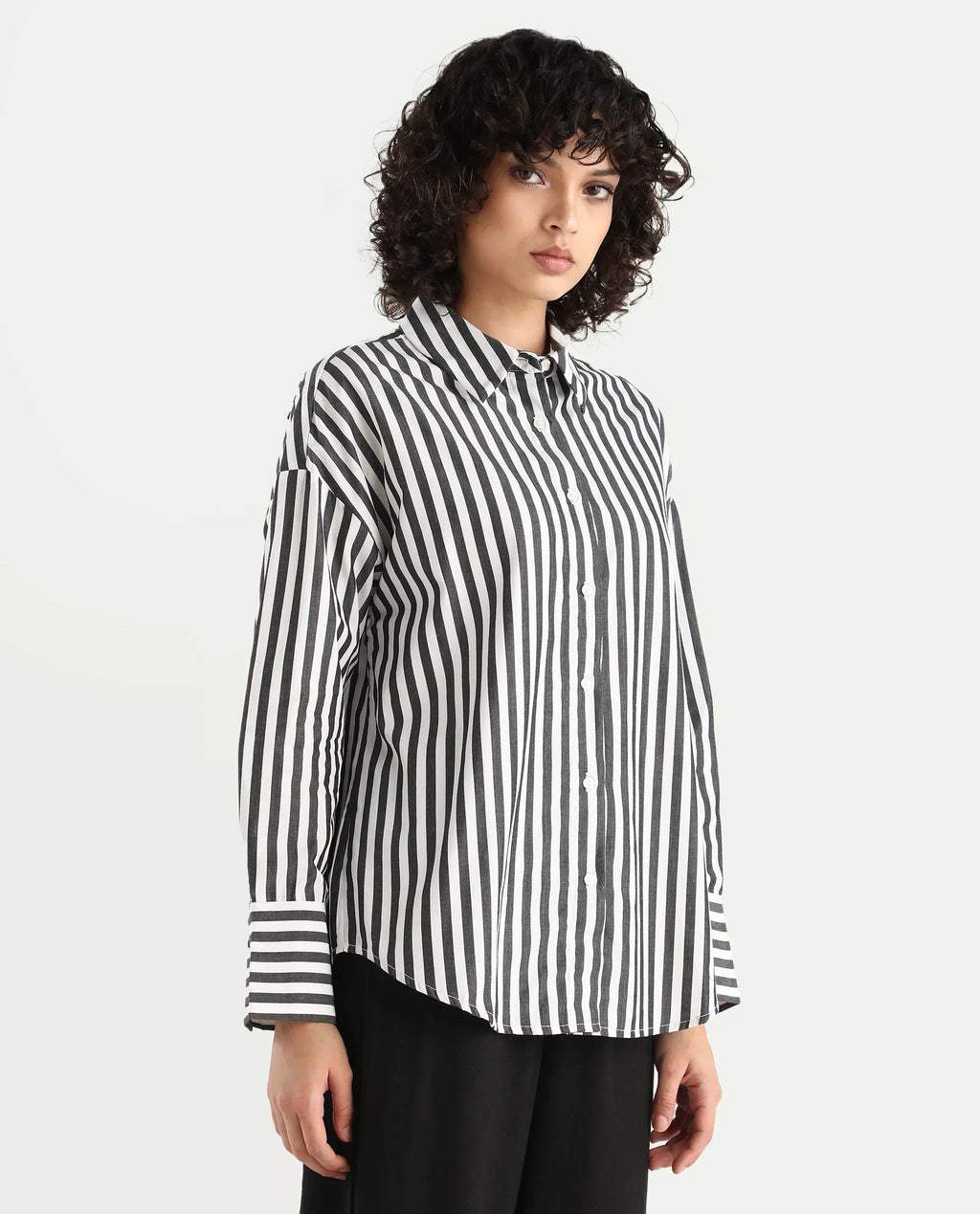 Rareism Women's Epdyed White Viscose Striped Cuffed Sleeve Boxy Fit Shirt