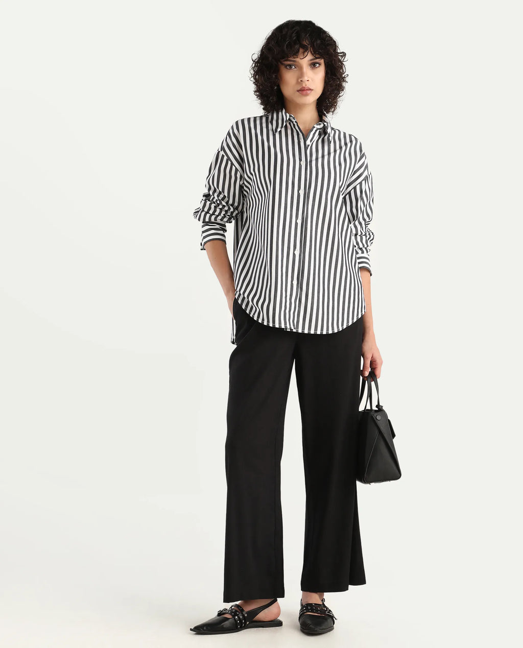 Rareism Women's Epdyed White Viscose Striped Cuffed Sleeve Boxy Fit Shirt