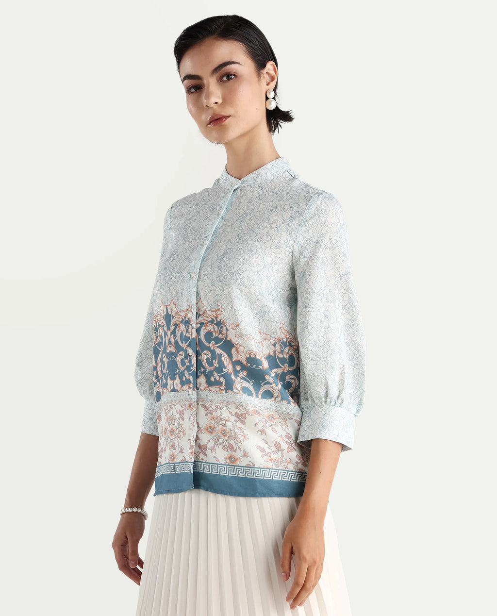 Rareism Women's Epica Multi Cotton Abstract Print Cuffed Sleeve Regular Fit Top