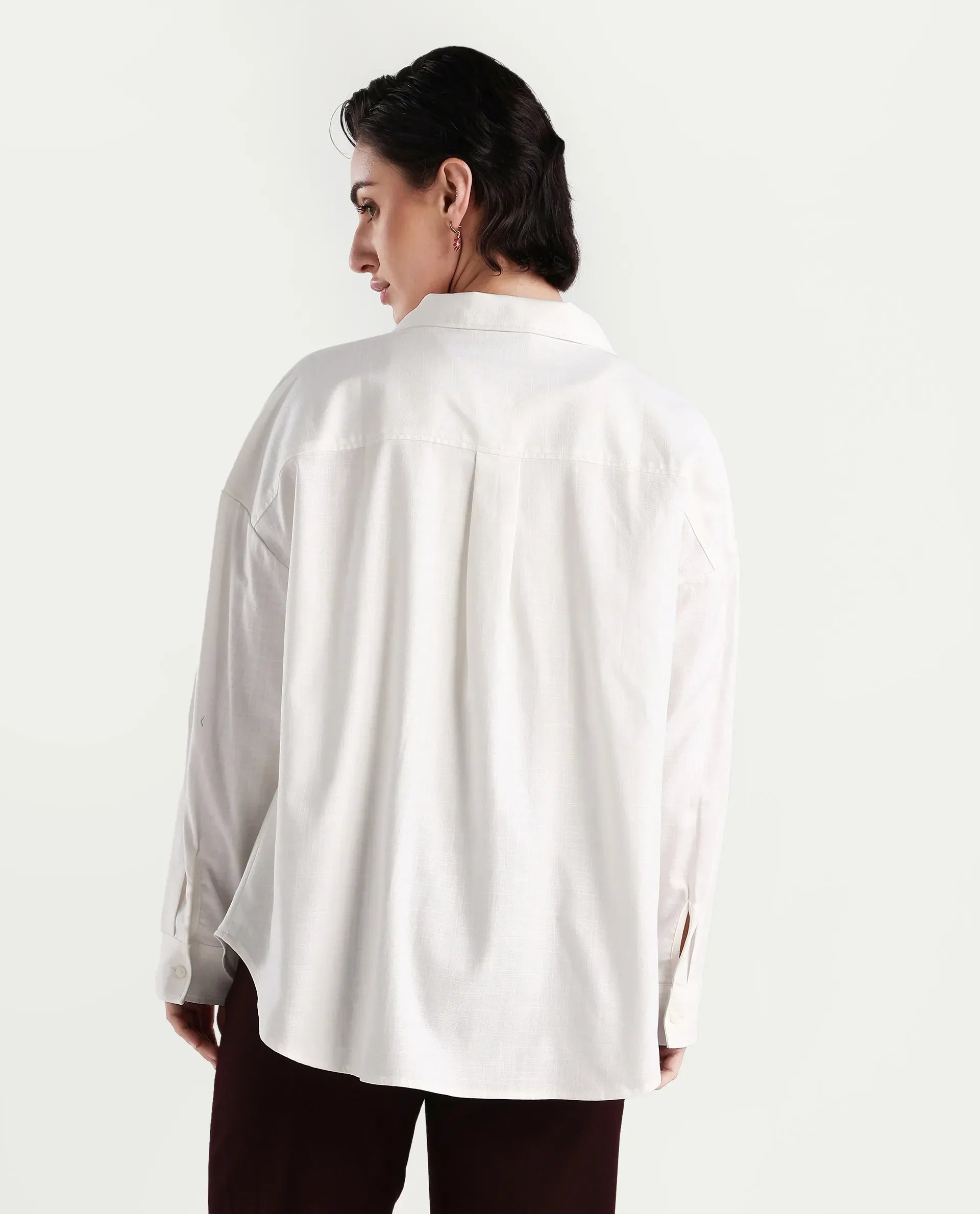 Rareism Women's Epili White Cotton Collared Plain Cuffed Sleeve Boxy Fit Shacket