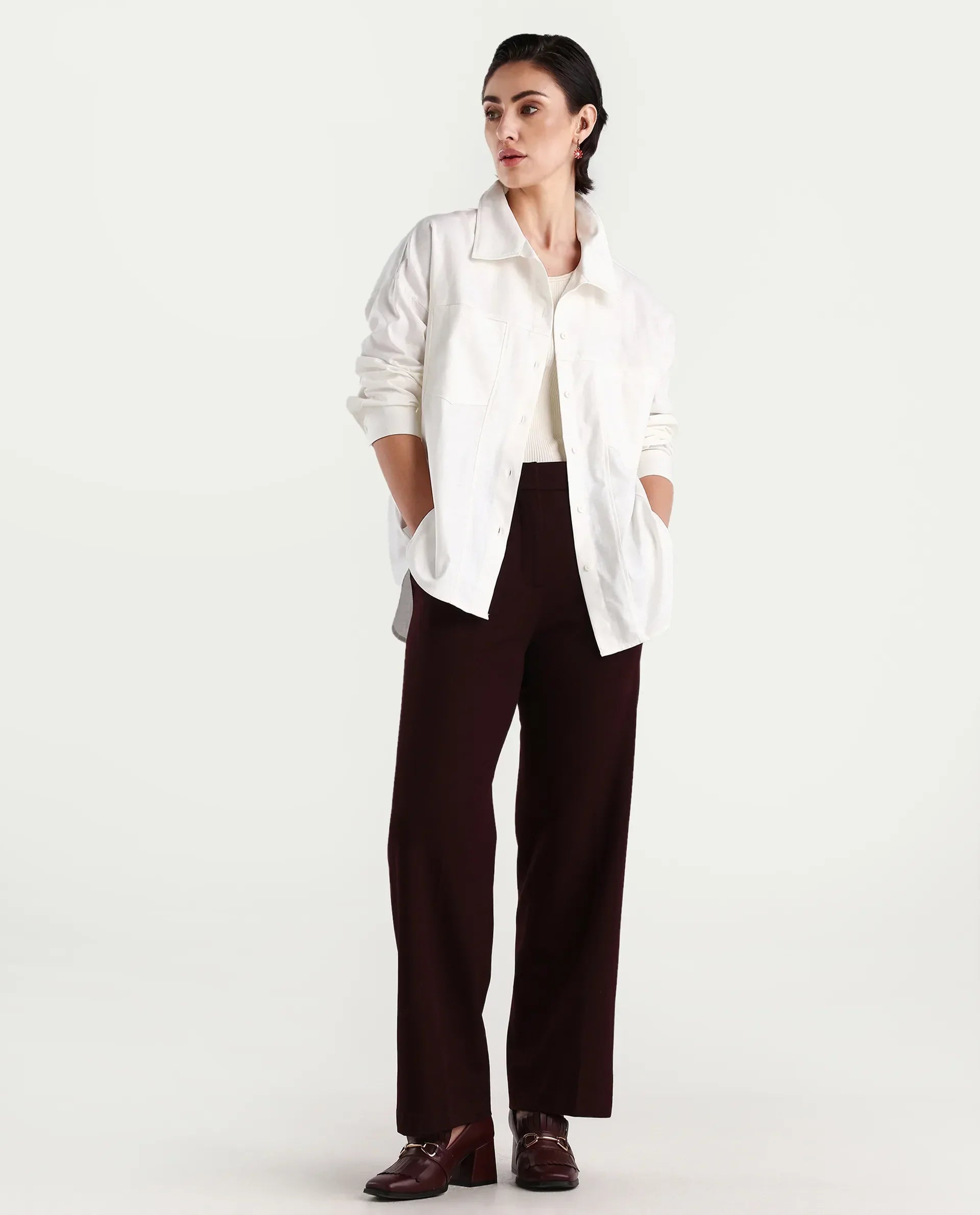Rareism Women's Epili White Cotton Collared Plain Cuffed Sleeve Boxy Fit Shacket