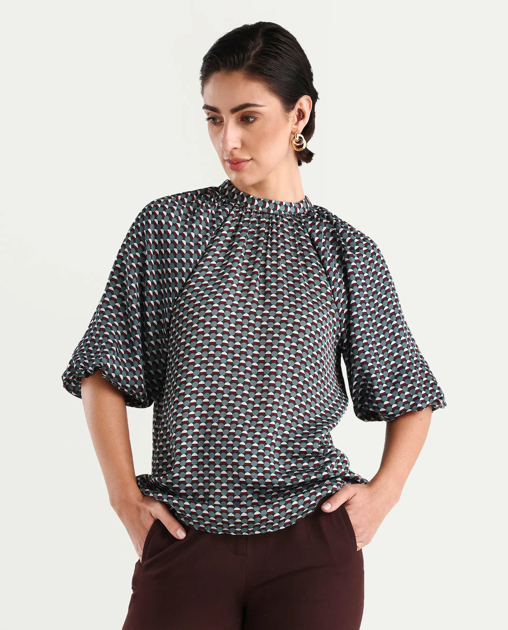 Rareism Women's Epizo Teal Polyester Abstract Print Raglan Sleeve Regular Fit Top