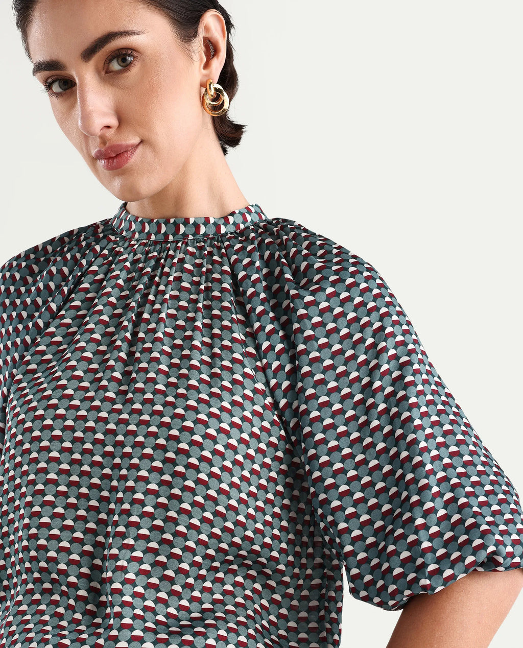 Rareism Women's Epizo Teal Polyester Abstract Print Raglan Sleeve Regular Fit Top
