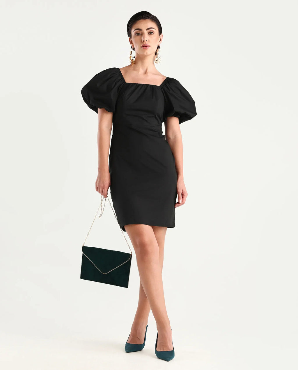 Rareism Women's Eplan Black Cotton Square Neck Plain Balloon Sleeve Mini Straight Fit Dress