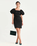 Rareism Women's Eplan Black Cotton Square Neck Plain Balloon Sleeve Mini Straight Fit Dress