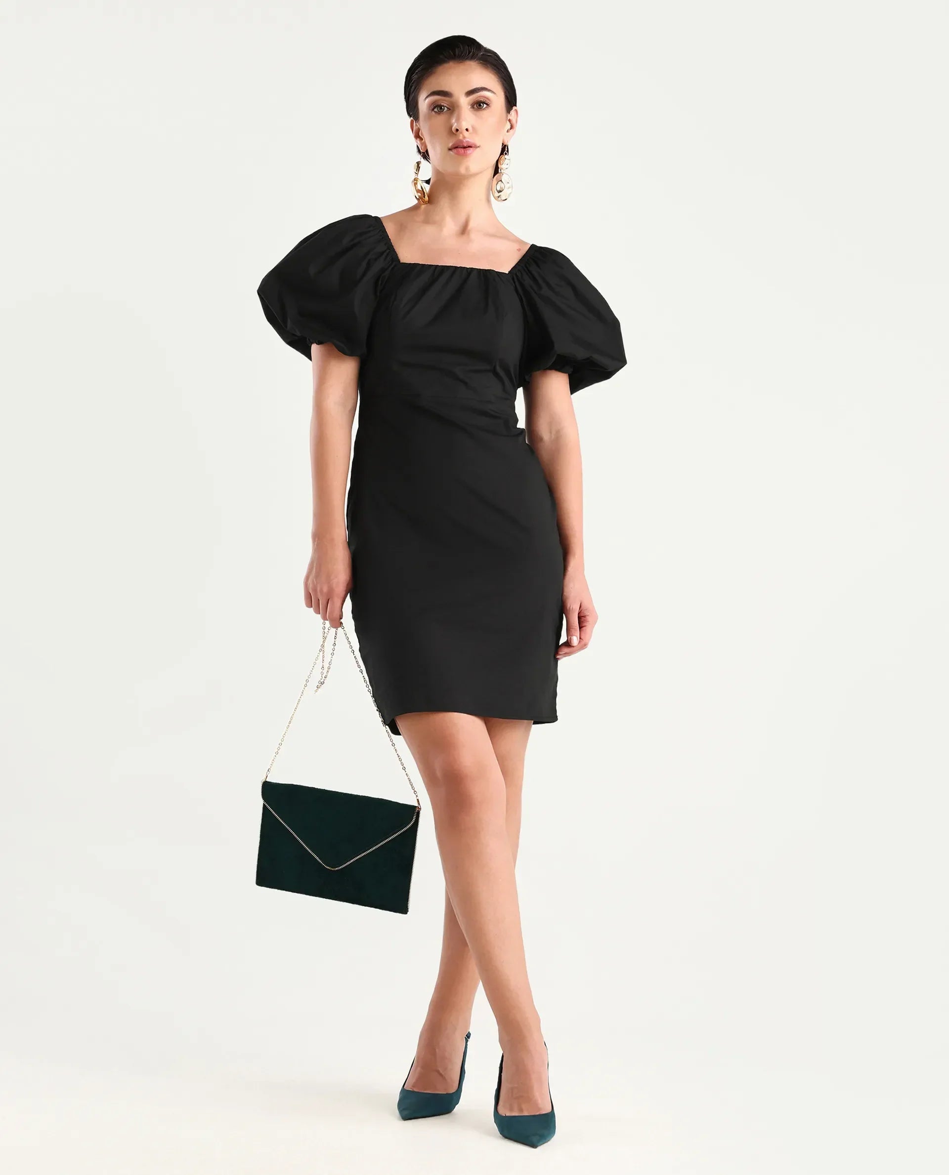 Rareism Women's Eplan Black Cotton Square Neck Plain Balloon Sleeve Mini Straight Fit Dress