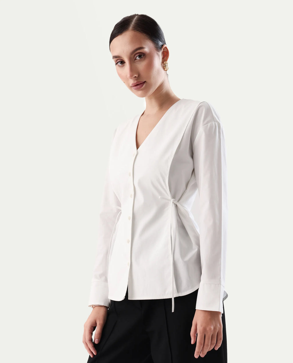 Rareism Women's Epled White Polyester Crew Neck Plain Cuffed Sleeve Regular Fit Top