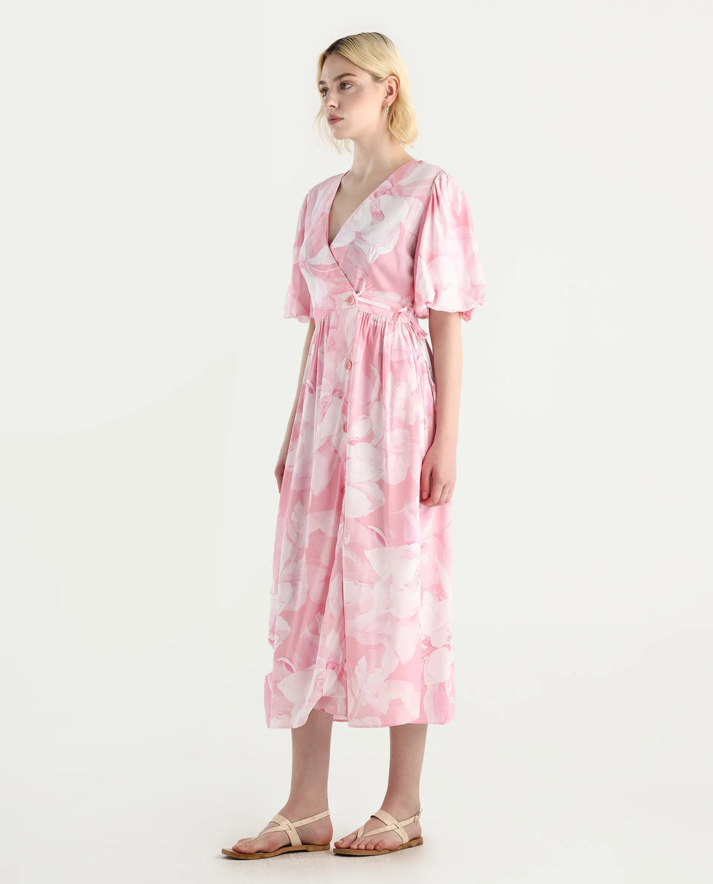 Rareism Women's Epleo Light Pink Viscose V-Neck Printed Balloon Sleeve Midi Regular Fit Dress