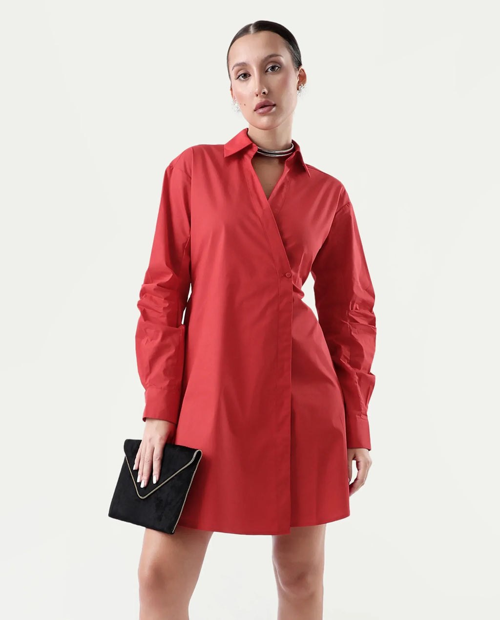 Rareism Women's Epops Red Polyester Blend Collared Plain Cuffed Sleeve Knee Length A-Line Dress