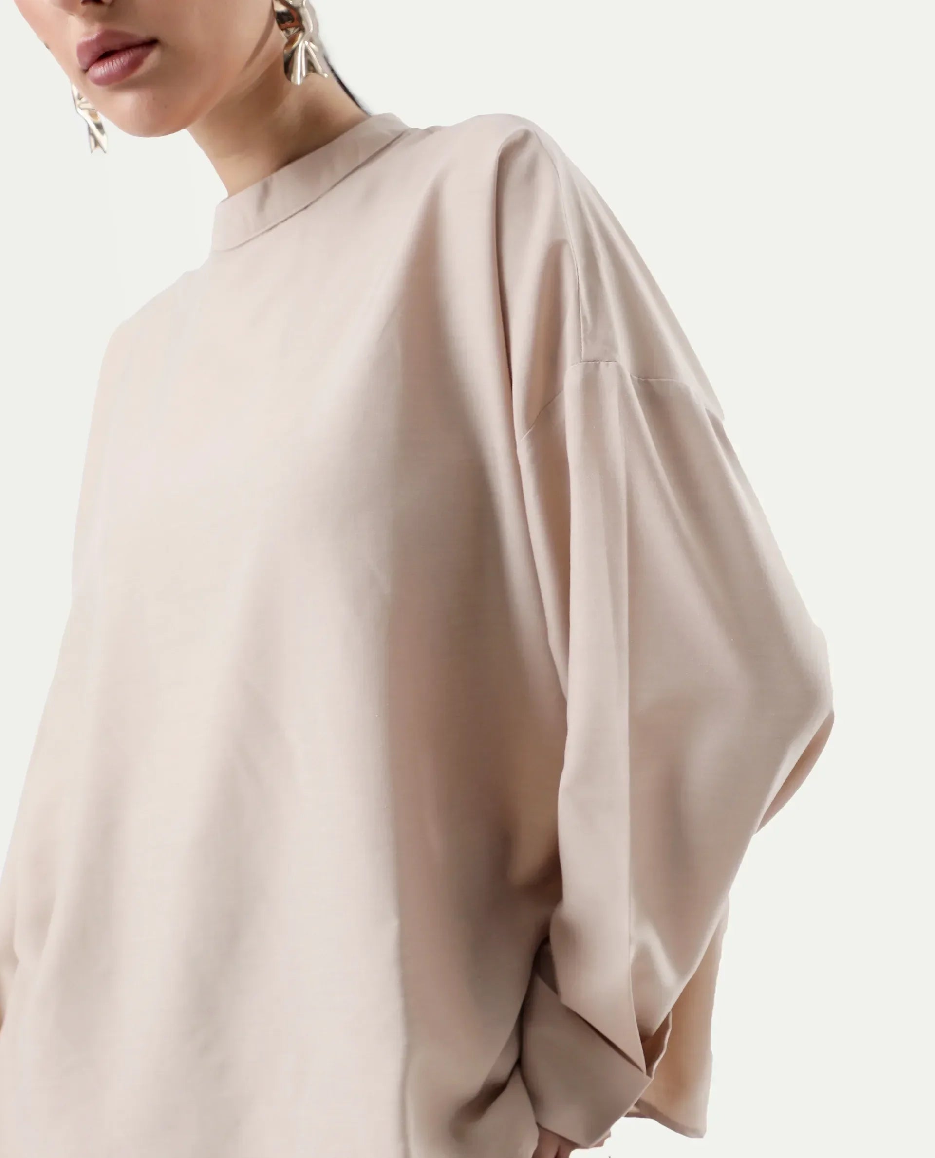 Rareism Women's Epsis Beige Cotton Plain Oversized Top