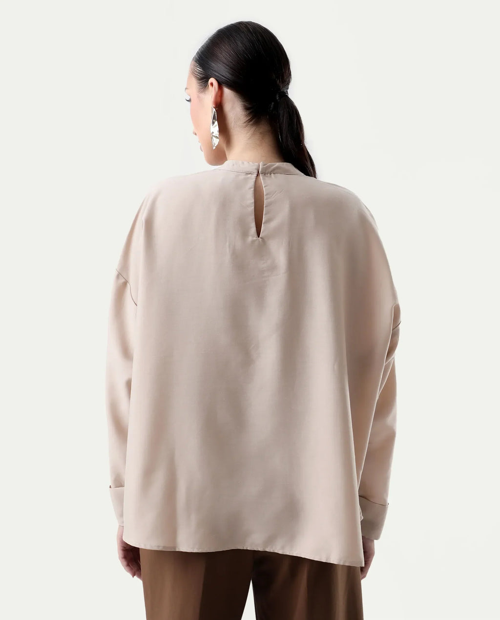 Rareism Women's Epsis Beige Cotton Plain Oversized Top