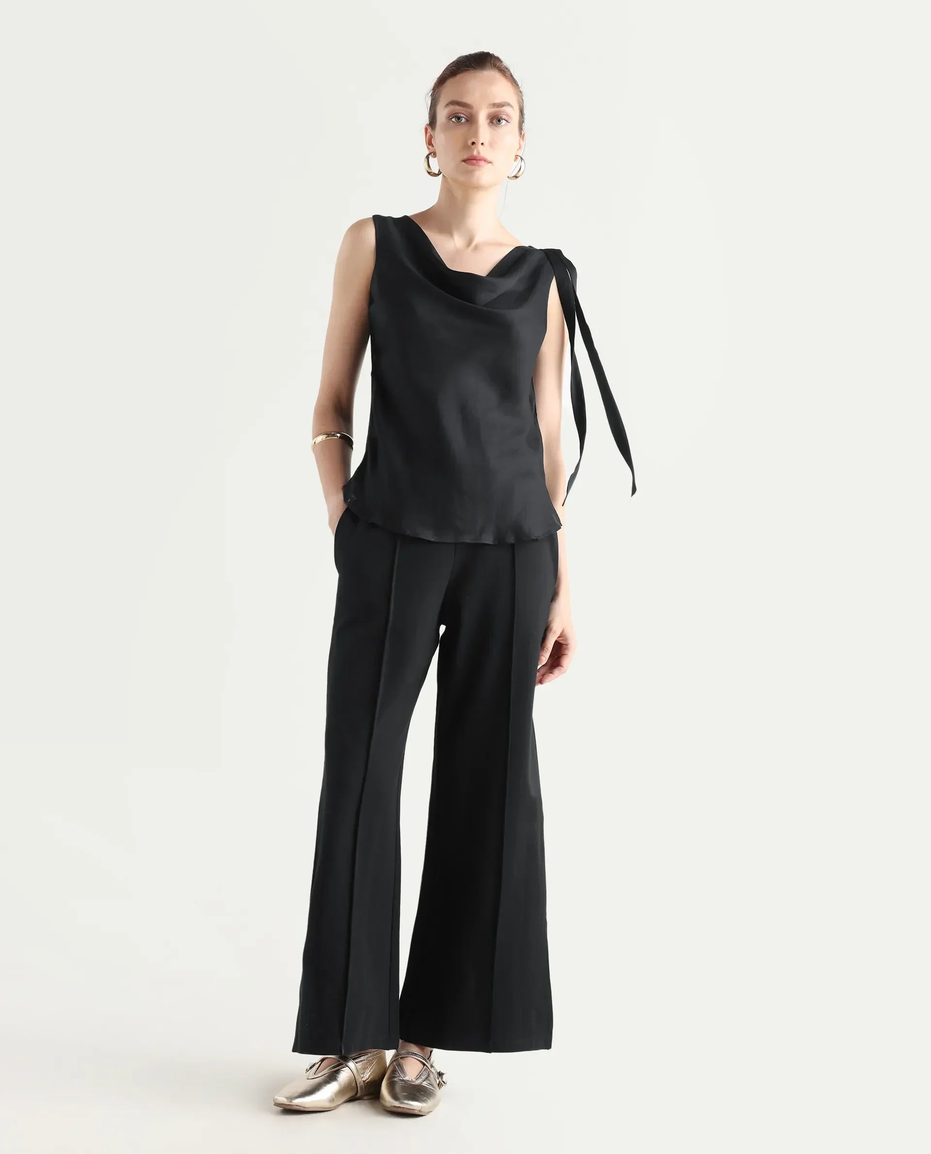 Rareism Women's Epuke Black Polyester Boat Neck Plain Sleeveless Regular Fit Top