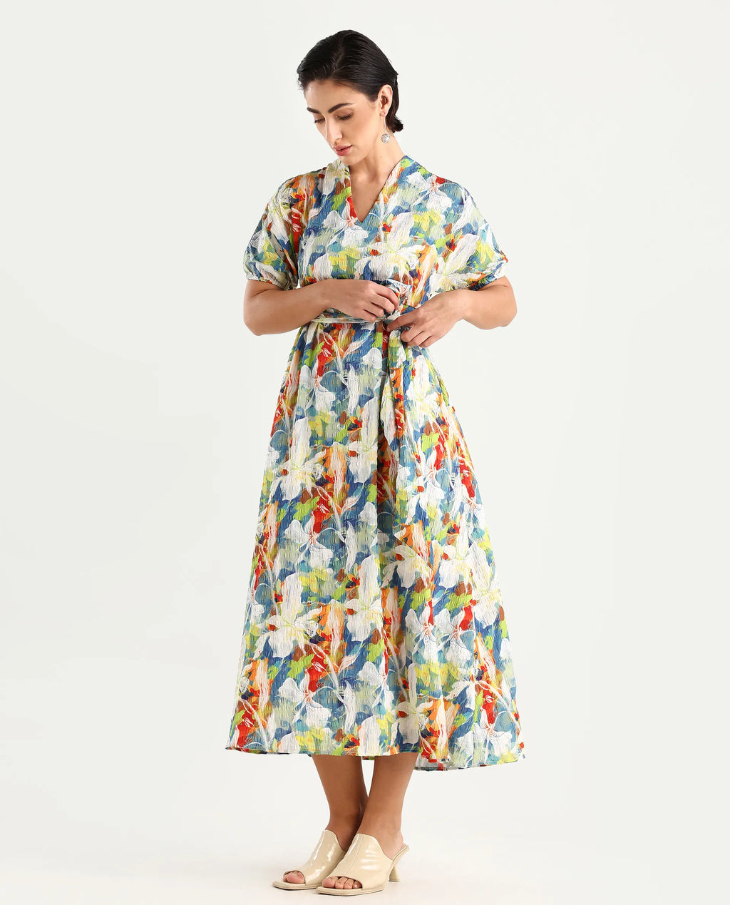 Rareism Women's Epure Multi Polyester V-Neck Abstract Print Extended Sleeves Midi A-Line Dress
