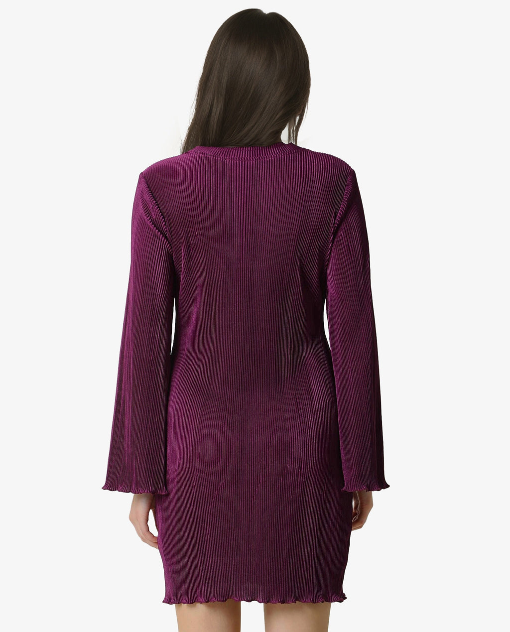 Rareism Women's Erica Maroon Crew Neck Plain Bell Sleeve Knee Length Regular Fit Dress