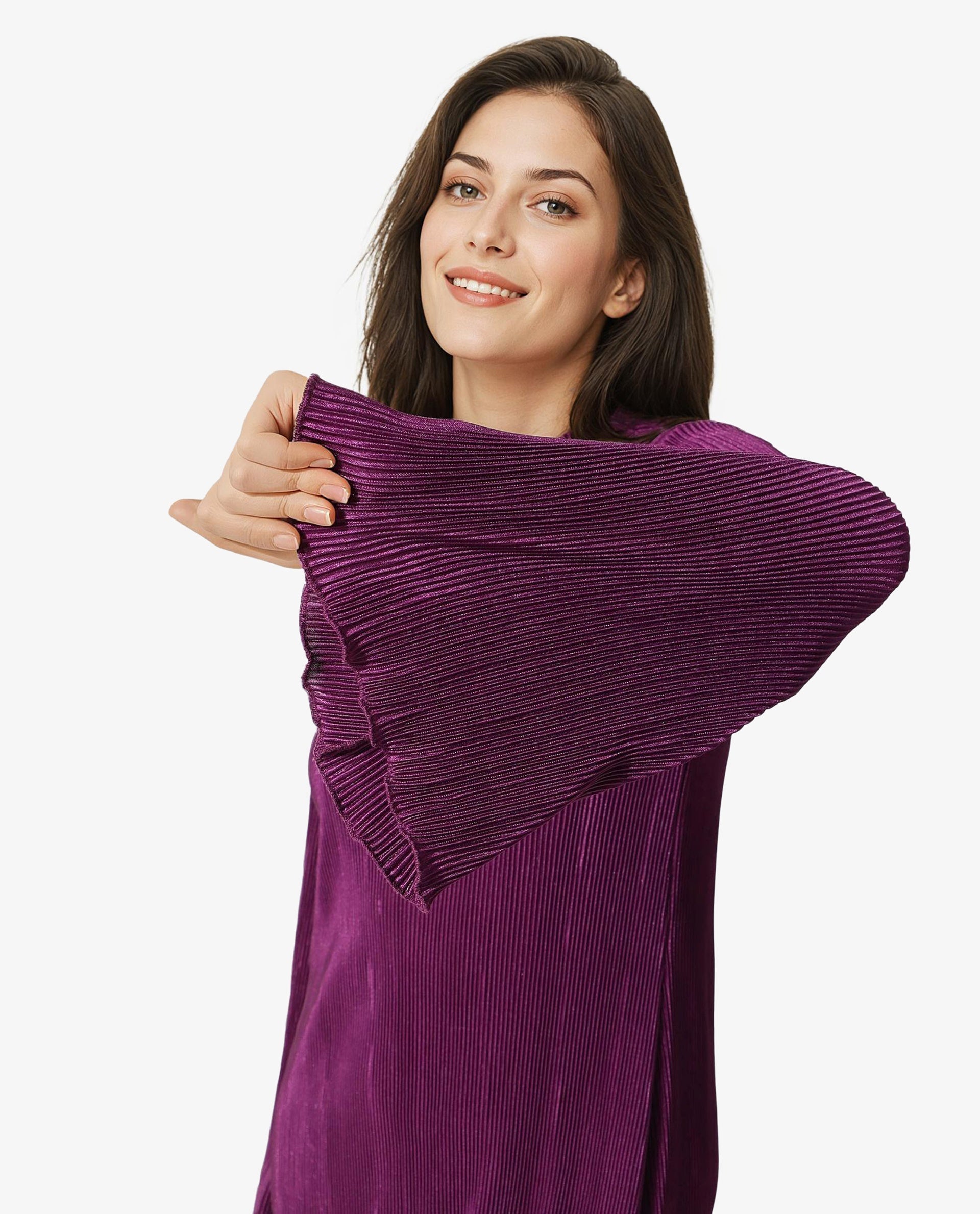 Rareism Women's Erica Maroon Crew Neck Plain Bell Sleeve Knee Length Regular Fit Dress