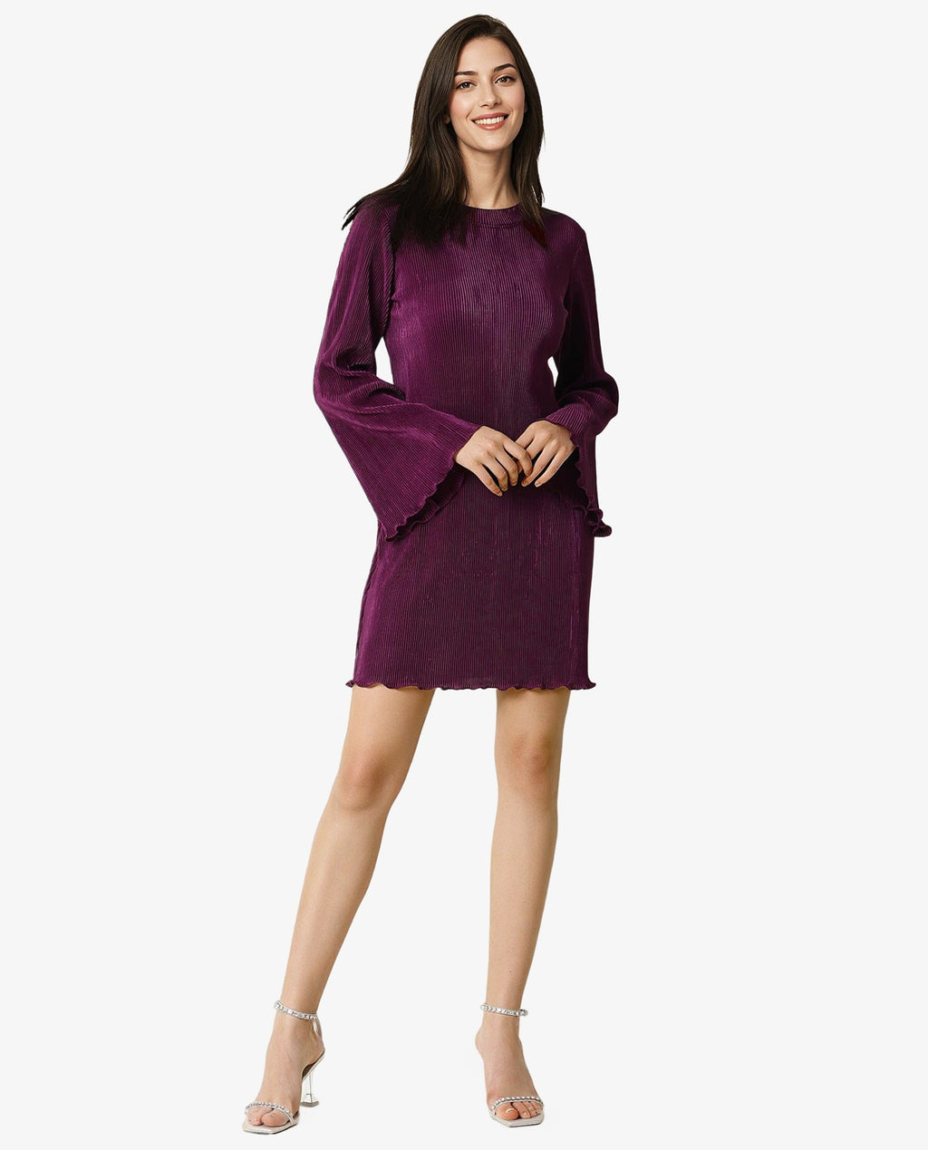 Rareism Women's Erica Maroon Crew Neck Plain Bell Sleeve Knee Length Regular Fit Dress