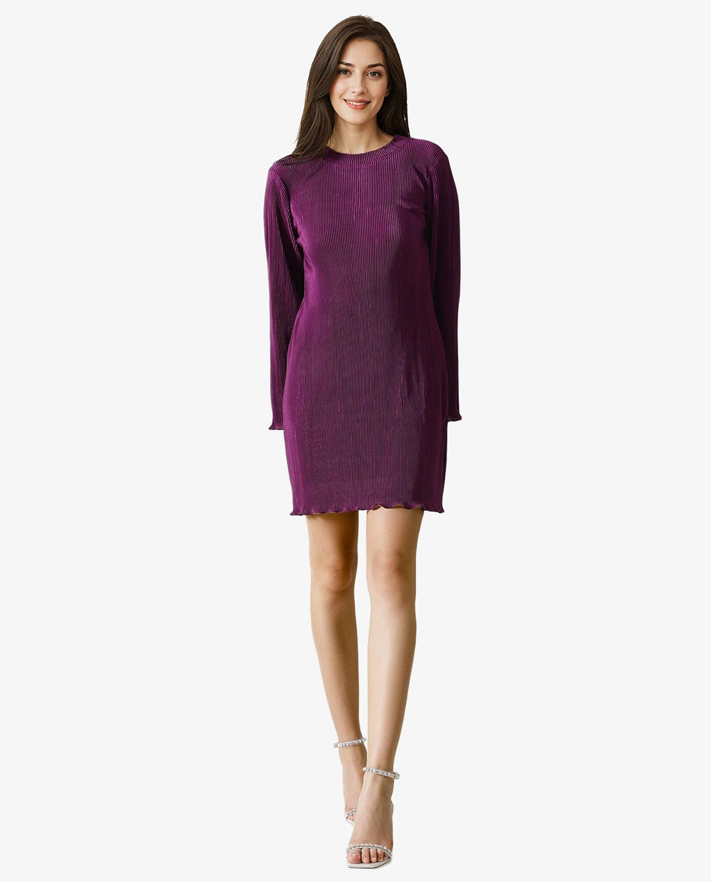 Rareism Women's Erica Maroon Crew Neck Plain Bell Sleeve Knee Length Regular Fit Dress