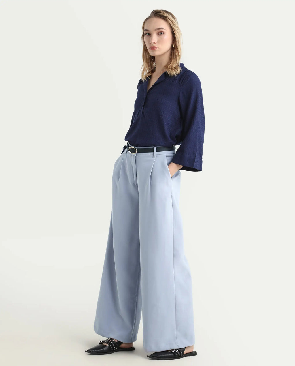 Rareism Women's Erica Grey Polyester Blend Plain Ankle Length Wide Trouser