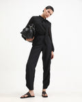 Rareism Women's Erin Black Cotton Linen Plain Ankle Length Tailored Trouser