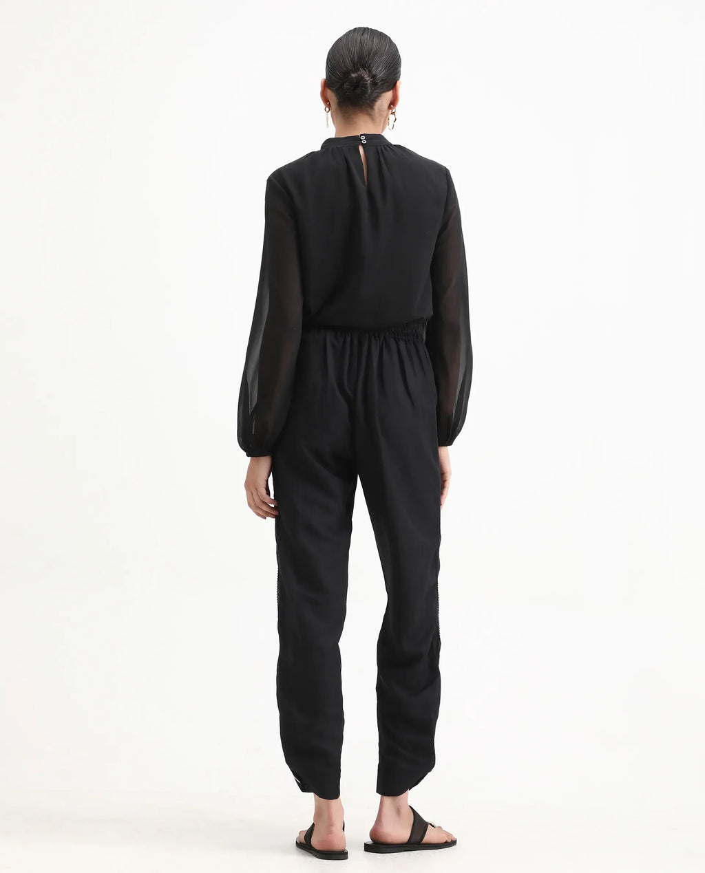 Rareism Women's Erin Black Cotton Linen Plain Ankle Length Tailored Trouser