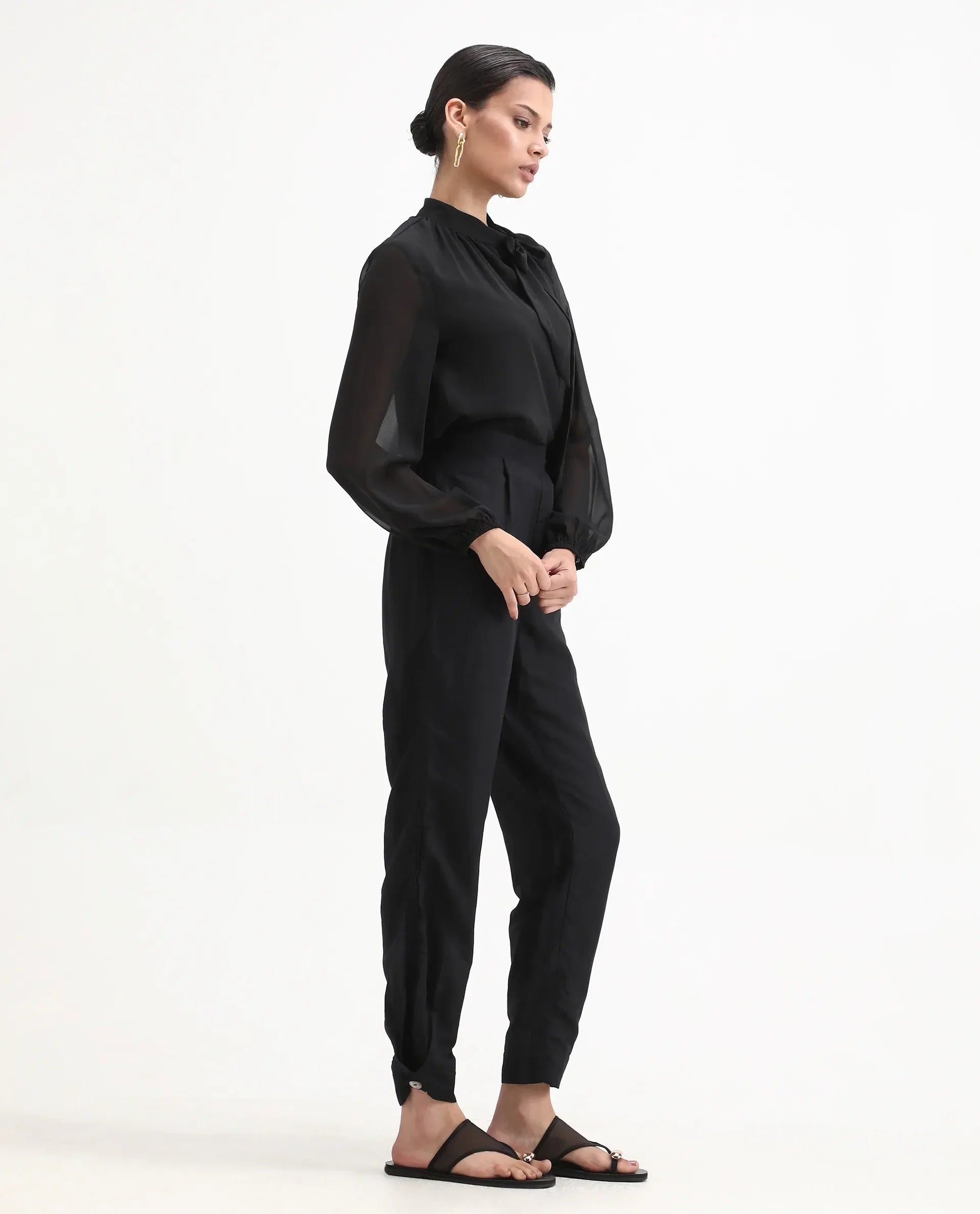 Rareism Women's Erin Black Cotton Linen Plain Ankle Length Tailored Trouser