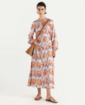 Rareism Women's Eritra Light Multi Viscose Crew Neck Abstract Print Puff Sleeves Maxi A-Line Dress