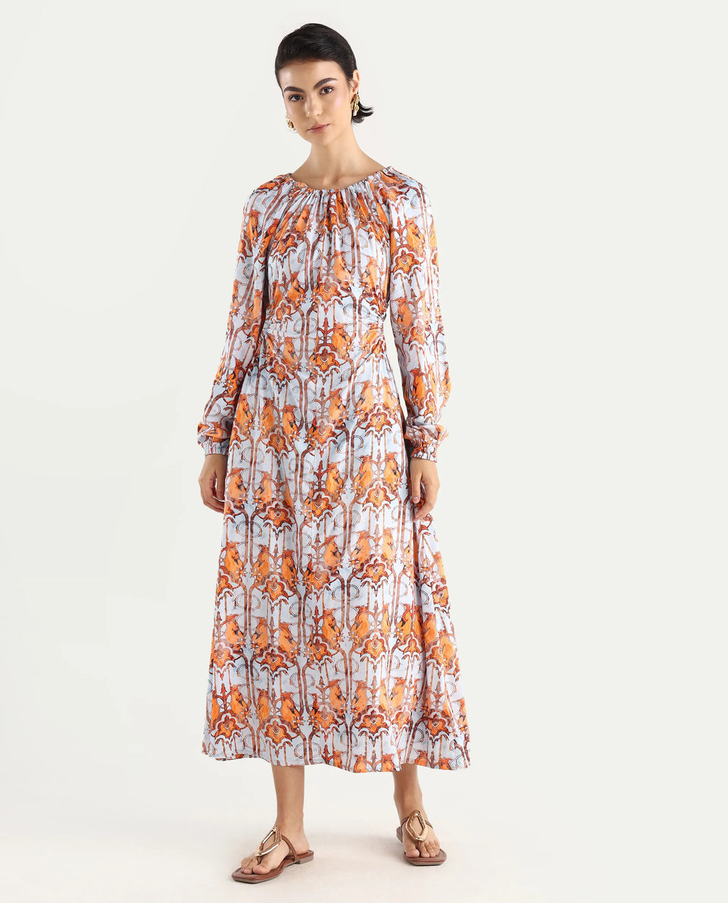 Rareism Women's Eritra Light Multi Viscose Crew Neck Abstract Print Puff Sleeves Maxi A-Line Dress