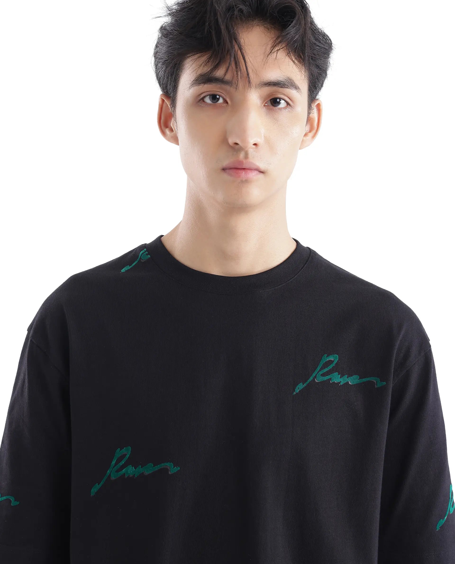 Rare Rabbit Men's Erken Black Cotton Graphic Print Oversized Fit Half Sleeve Crew Neck T-Shirt