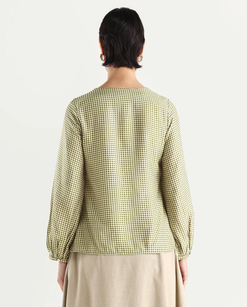 Rareism Women's Erlinee Olive Polyester Tie-Up Neck Flannel Print Bishop Sleeve Regular Fitted Top