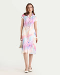 Rareism Women's Erlong Multi Cotton Blend Drop Collar Abstract Print Midi A-Line Dress