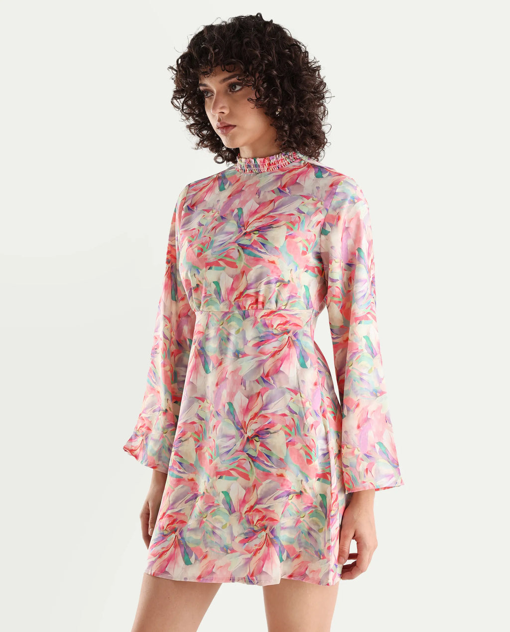 Rareism Women's Erry Light Multi Cotton Sweetheart Neck Abstract Print Bell Sleeve Knee Length Flared Dress