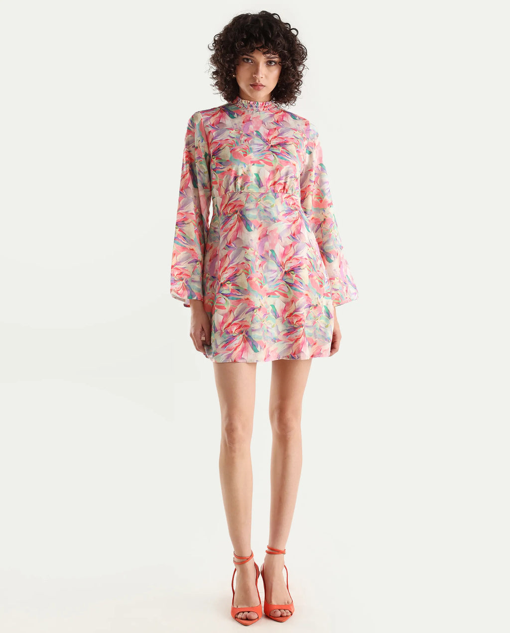 Rareism Women's Erry Light Multi Cotton Sweetheart Neck Abstract Print Bell Sleeve Knee Length Flared Dress