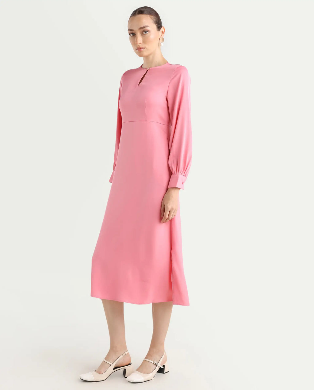 Rareism Women's Erzinc Pink Satin Key Hole Neck Plain Bishop Sleeve Midi Fit And Flare Dress