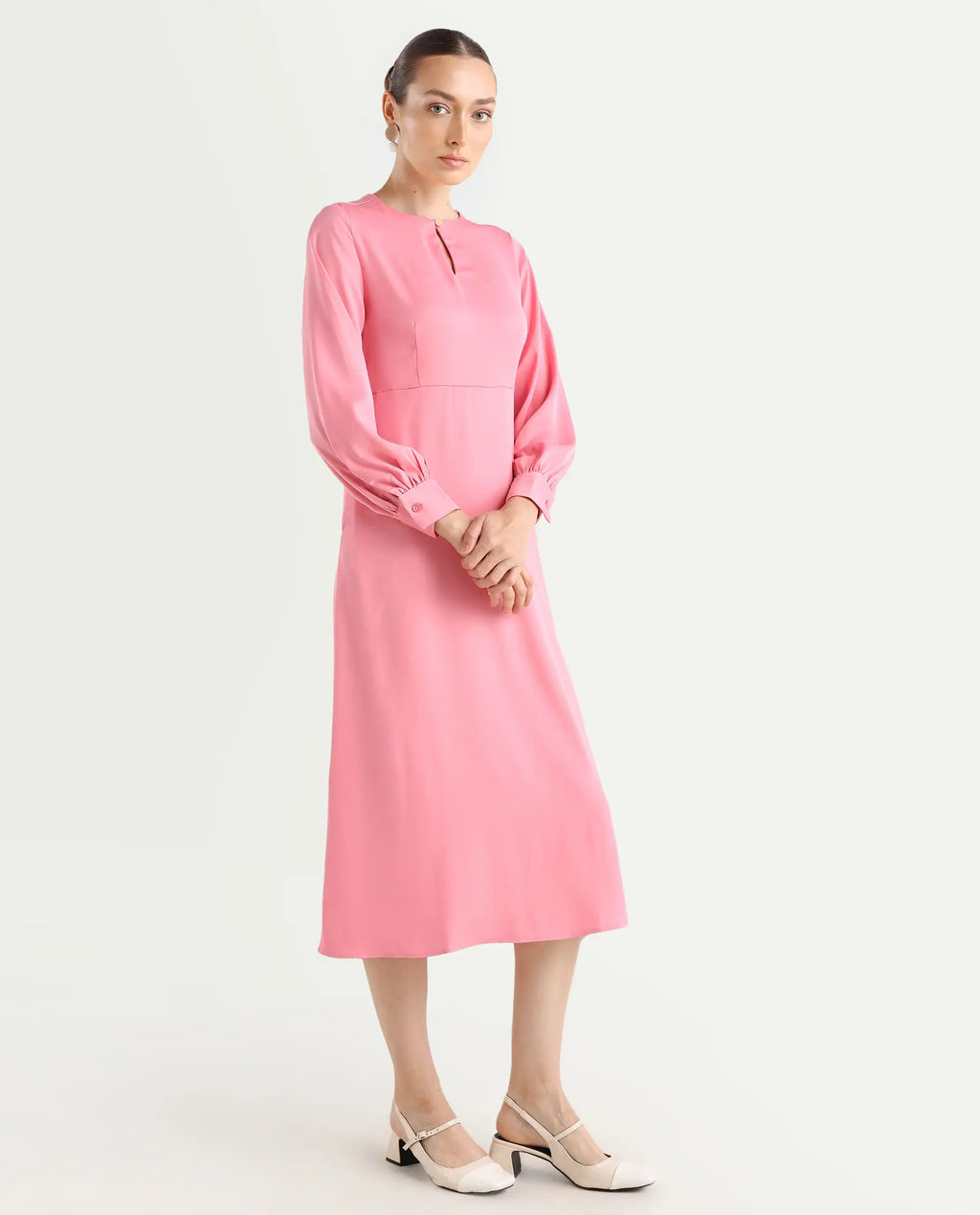 Rareism Women's Erzinc Pink Satin Key Hole Neck Plain Bishop Sleeve Midi Fit And Flare Dress