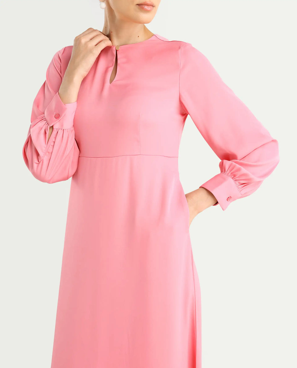 Rareism Women's Erzinc Pink Satin Key Hole Neck Plain Bishop Sleeve Midi Fit And Flare Dress