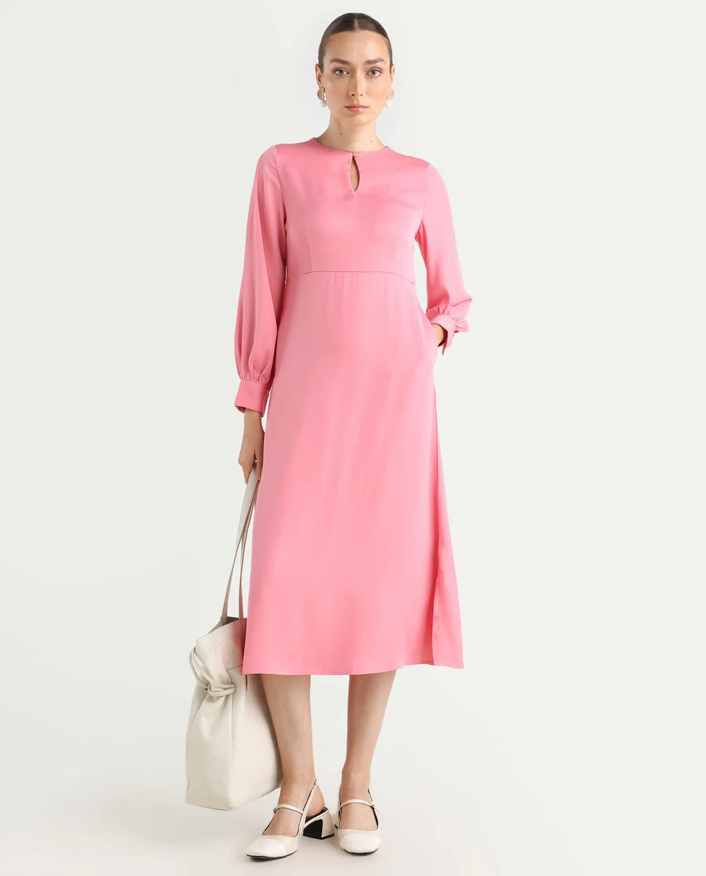 Rareism Women's Erzinc Pink Satin Key Hole Neck Plain Bishop Sleeve Midi Fit And Flare Dress