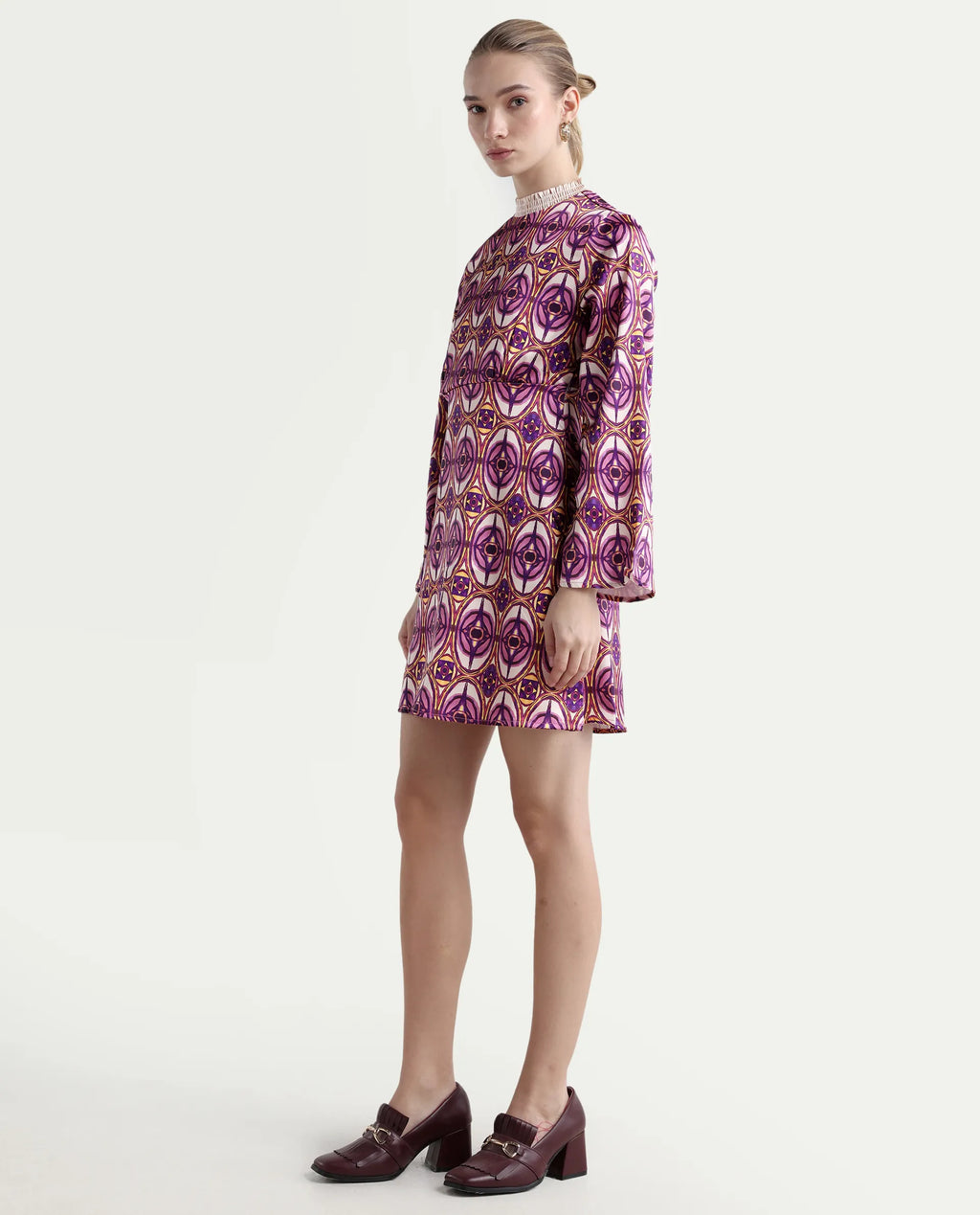 Rareism Women's Erzurum Multi Cotton Sweetheart Neck Abstract Print Bell Sleeve Knee Length Flared Dress