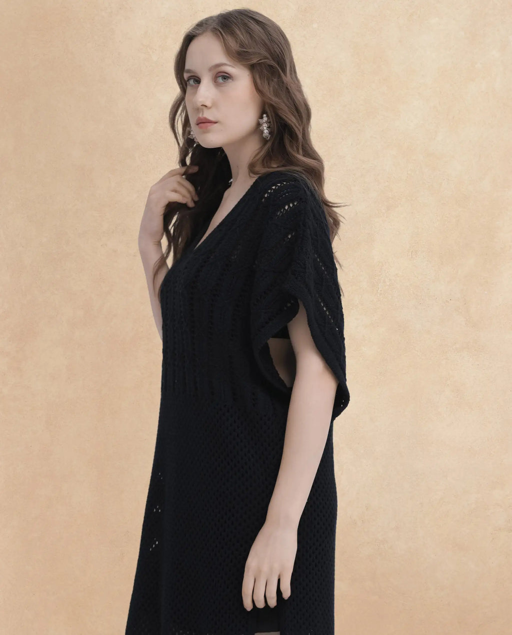 Rareism Women's Espantiago Black Cotton V-Neck Plain Extended Sleeves Knee Length Relaxed Fit Dress
