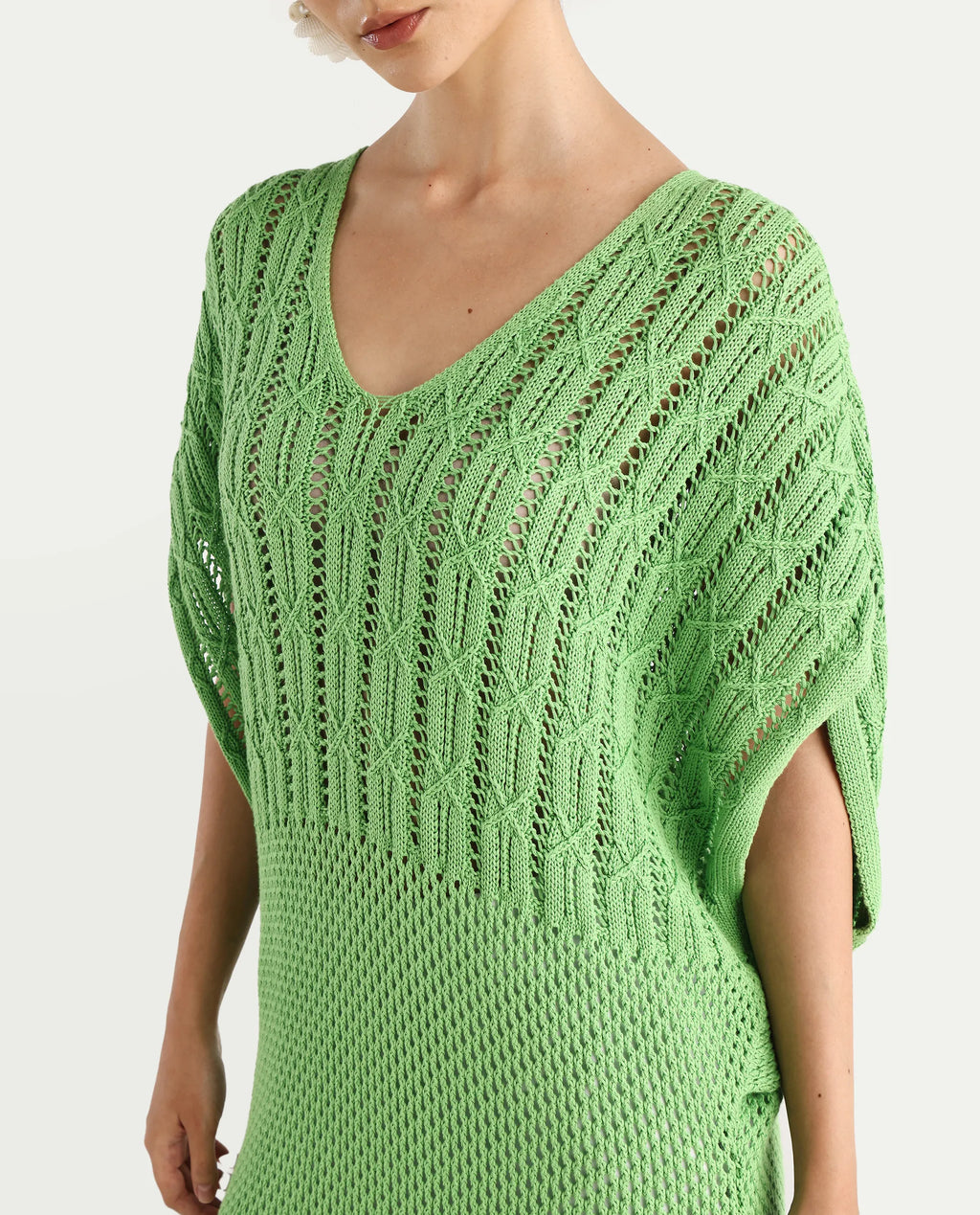 Rareism Women's Espantiago Green Cotton V-Neck Plain Extended Sleeves Knee Length Relaxed Fit Dress