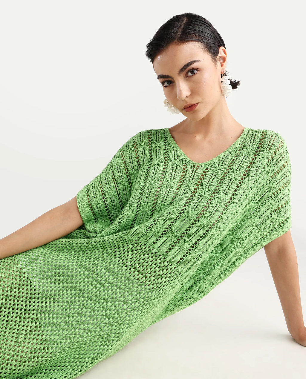 Rareism Women's Espantiago Green Cotton V-Neck Plain Extended Sleeves Knee Length Relaxed Fit Dress